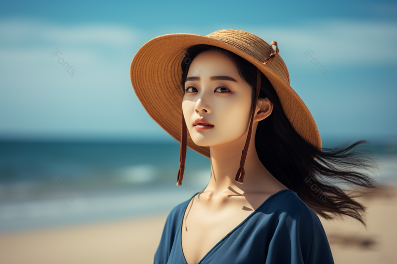 戴着草帽漫步沙滩的女人,高清,摄影图,摄影图片,图片大全,摄影图免费下载